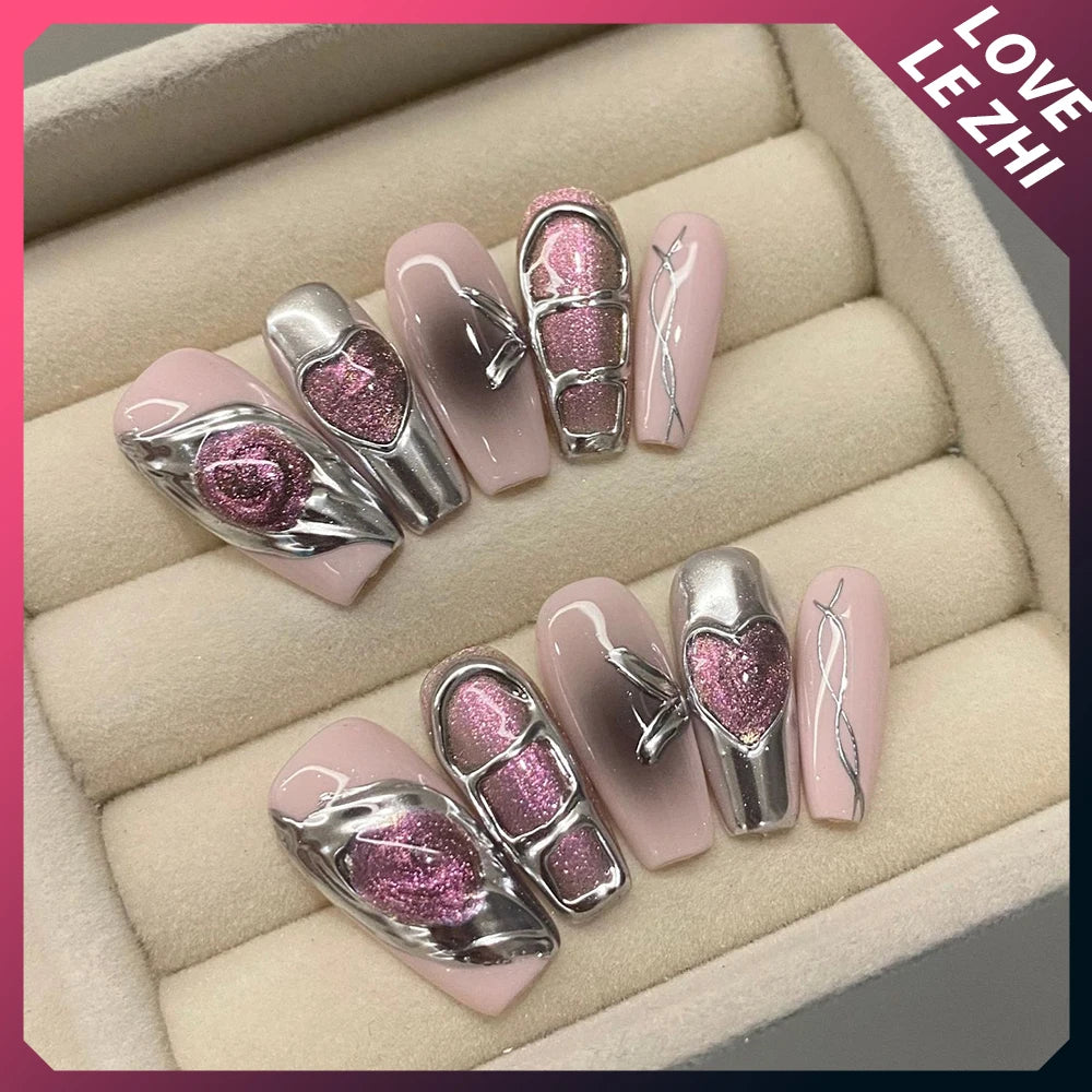 10Pcs Handmade Fake Nails Snake Rose Long Almond Wearable 3D Rhinestone Metal Eye Decor Stiletto False Nails Y2K Girl Gift