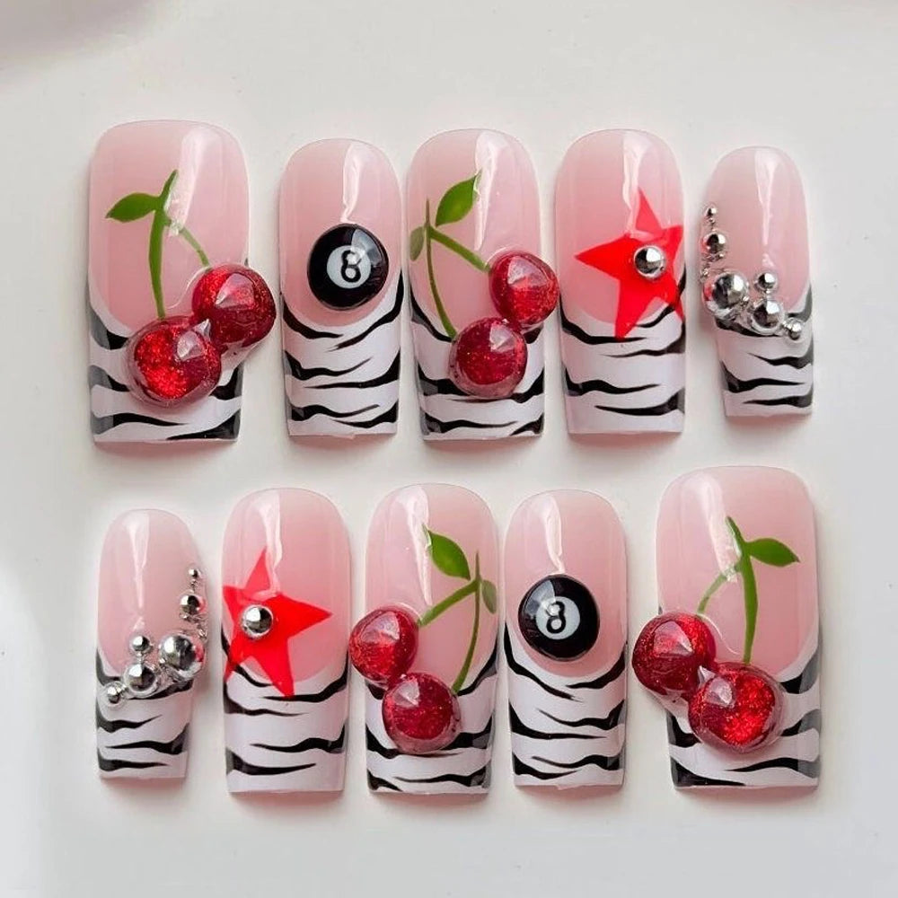 XL Square French 3D Cherry Press On Nails Art Party Sticker Handwork Zebra Print Star Billiard Design Nude Pink White Fake Nail