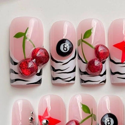 XL Square French 3D Cherry Press On Nails Art Party Sticker Handwork Zebra Print Star Billiard Design Nude Pink White Fake Nail