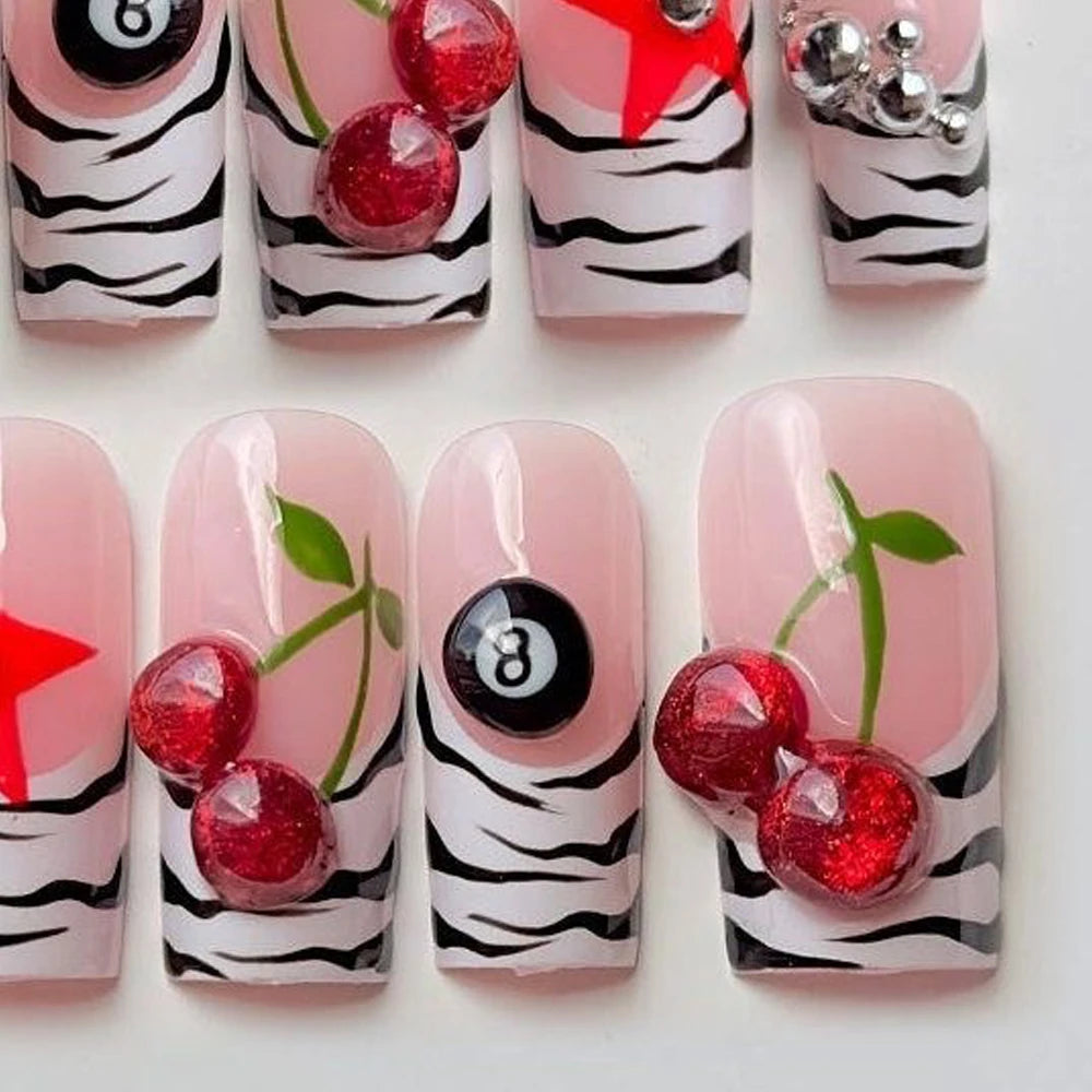 XL Square French 3D Cherry Press On Nails Art Party Sticker Handwork Zebra Print Star Billiard Design Nude Pink White Fake Nail