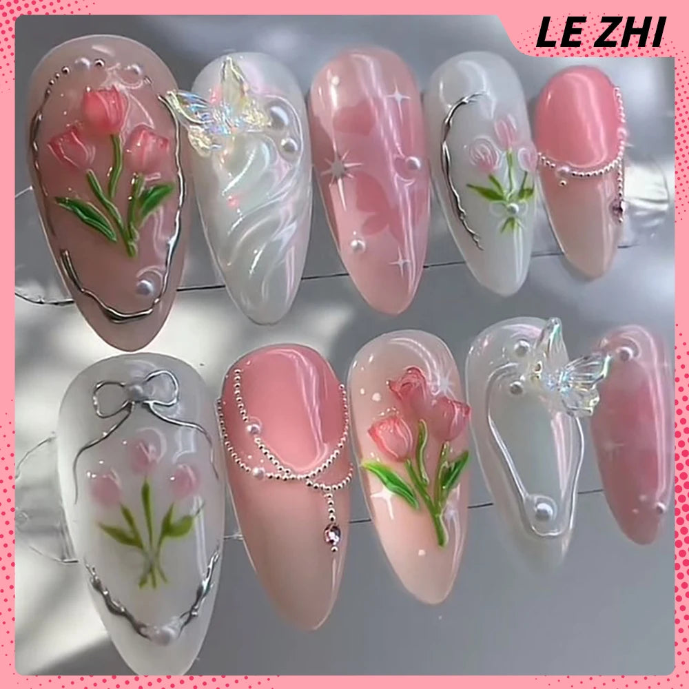 Pink Tulips Short Almonds Press On Nails Party Sticker Flower Butterfly Pearl Gel Aurora Powder Handwork Fake Nails Sticker