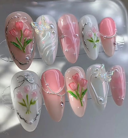 Pink Tulips Short Almonds Press On Nails Party Sticker Flower Butterfly Pearl Gel Aurora Powder Handwork Fake Nails Sticker