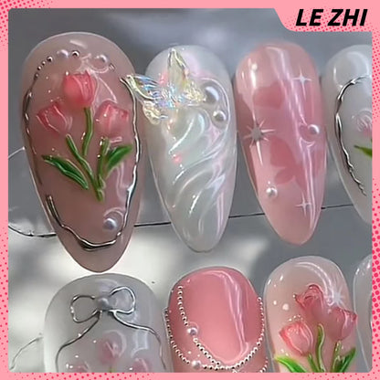 Pink Tulips Short Almonds Press On Nails Party Sticker Flower Butterfly Pearl Gel Aurora Powder Handwork Fake Nails Sticker