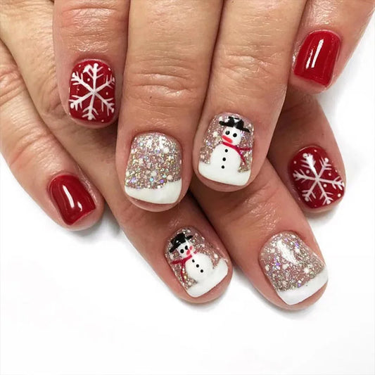 Christmas Atmosphere French Fake Nails Square Head Full Cover Snowman Nail Wearable Manicure Press On Nails Girl