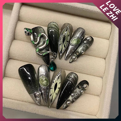 10Pcs Handmade Fake Nails Snake Rose Long Almond Wearable 3D Rhinestone Metal Eye Decor Stiletto False Nails Y2K Girl Gift