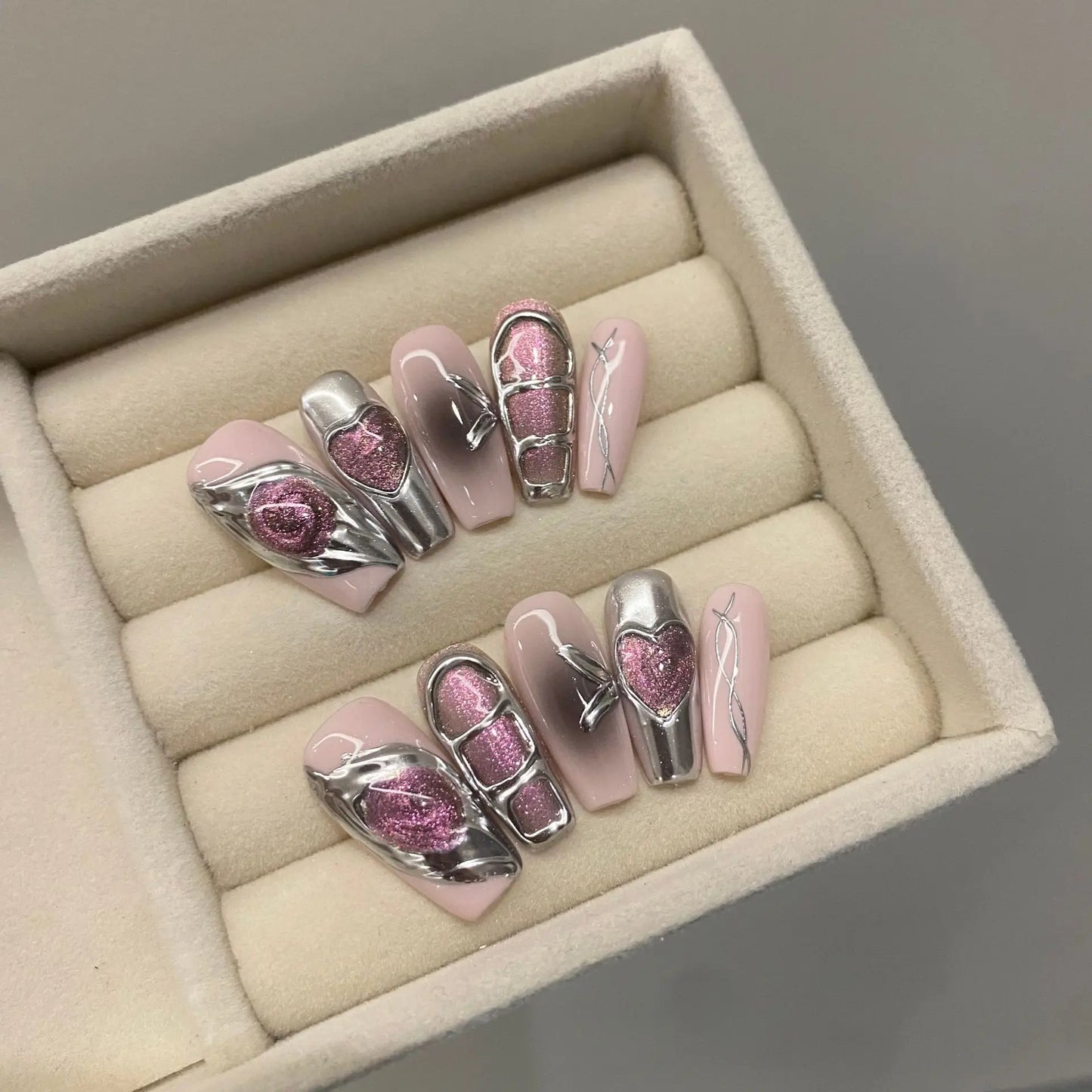 10Pcs Handmade Fake Nails Snake Rose Long Almond Wearable 3D Rhinestone Metal Eye Decor Stiletto False Nails Y2K Girl Gift