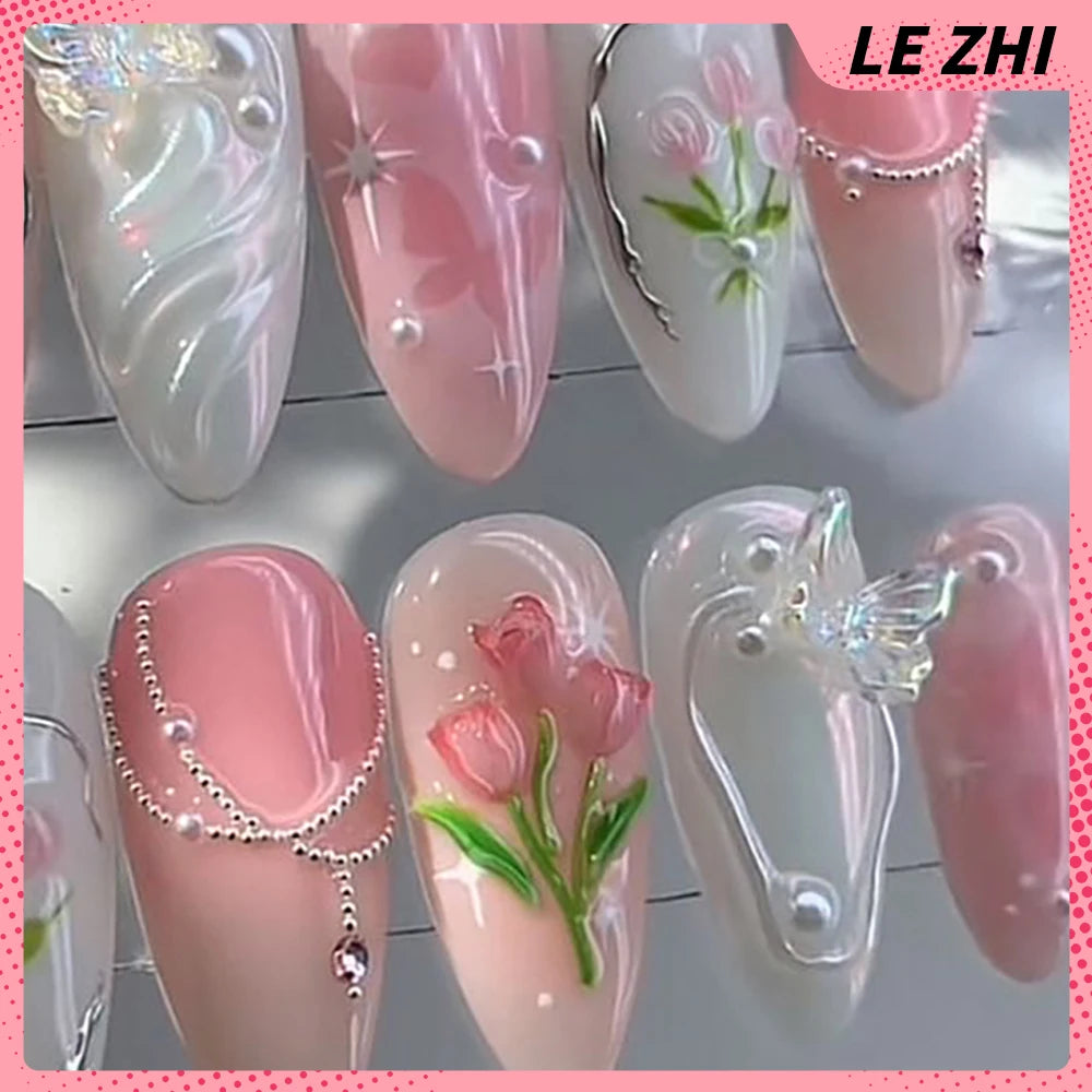 Pink Tulips Short Almonds Press On Nails Party Sticker Flower Butterfly Pearl Gel Aurora Powder Handwork Fake Nails Sticker