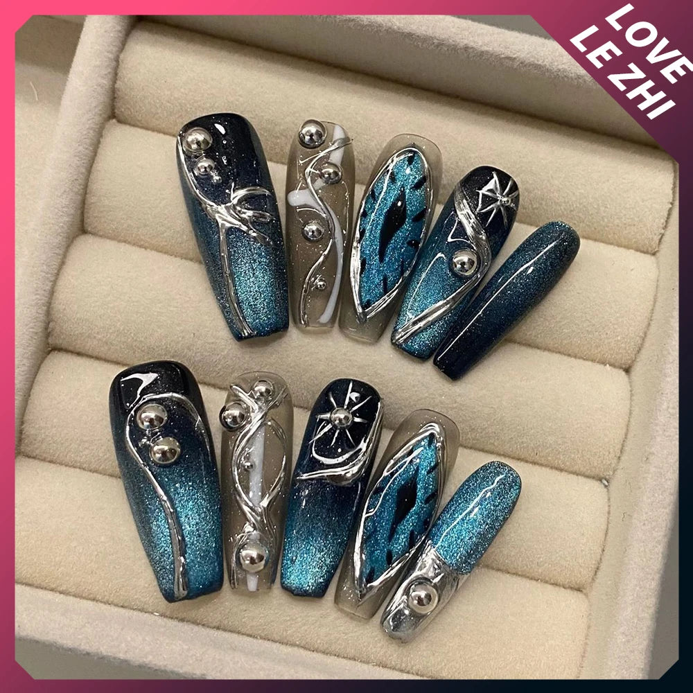 10Pcs Handmade Fake Nails Snake Rose Long Almond Wearable 3D Rhinestone Metal Eye Decor Stiletto False Nails Y2K Girl Gift